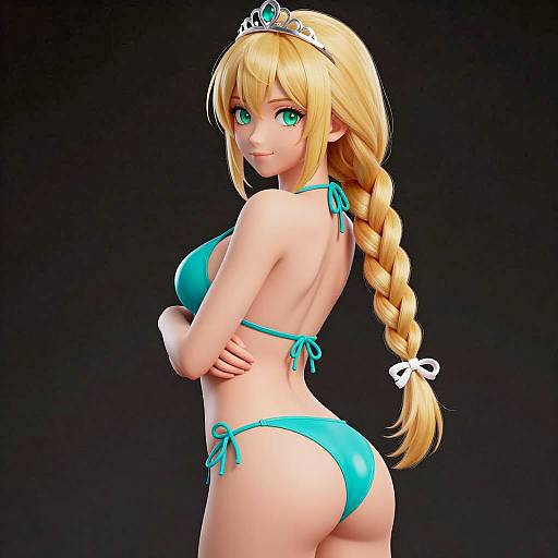 3D Anime Blonde Woman in Turquoise Bikini