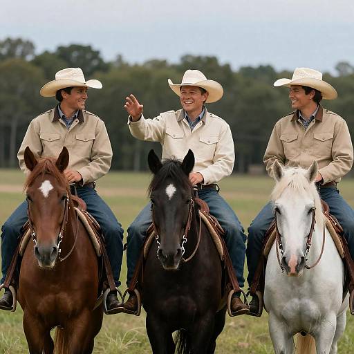 Cowboy Trio Riding in a Grassy Field