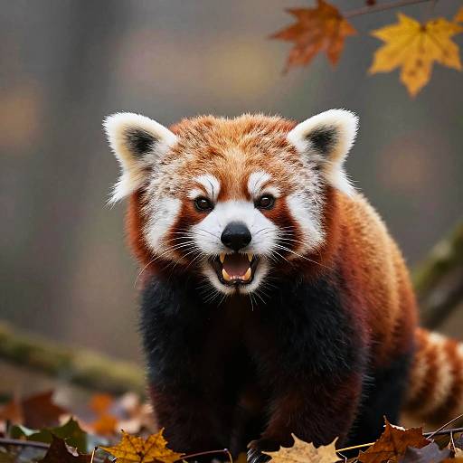 Photograph of a red panda with fluffy red-brown fur, white face markings, and black ears, standing amidst autumn leaves, mouth open, against