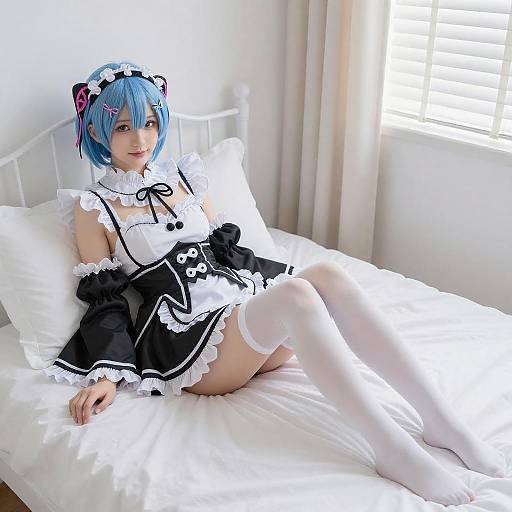 Blue-Haired Anime Maid on Bed