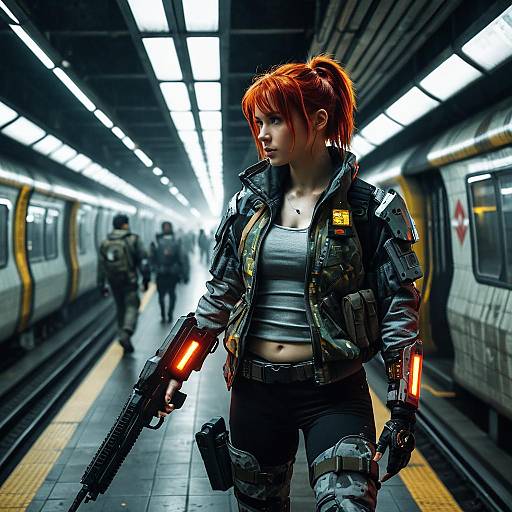 Cyberpunk Female Mercenary in Subway