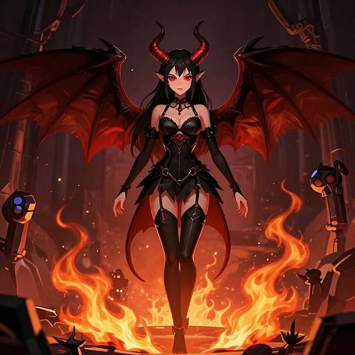 Digital anime-style illustration of a red-eyed, black-haired demoness with red wings, black leather corset, and thigh-high boots, standing in flames