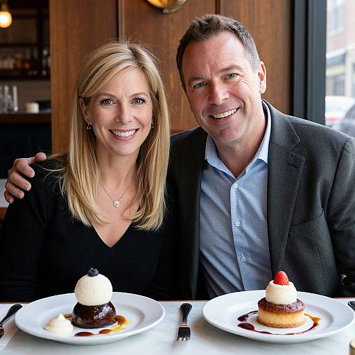 Photograph of smiling middle-aged couple, blonde woman in black top, man in gray suit and blue shirt, at restaurant with two desserts.