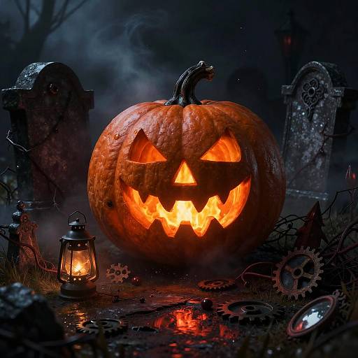 Sinister Jack-o'-Lantern in Gothic Graveyard
