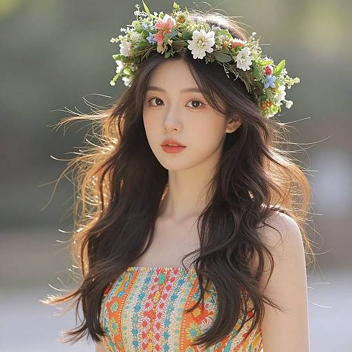 Photograph of an Asian woman with long, wavy black hair, wearing a colorful floral headband and strapless dress with vibrant patterns, standing outdoors