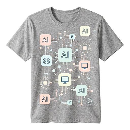 Gray short-sleeve t-shirt with colorful, abstract digital icons and symbols in pastel and white, set against a plain background.