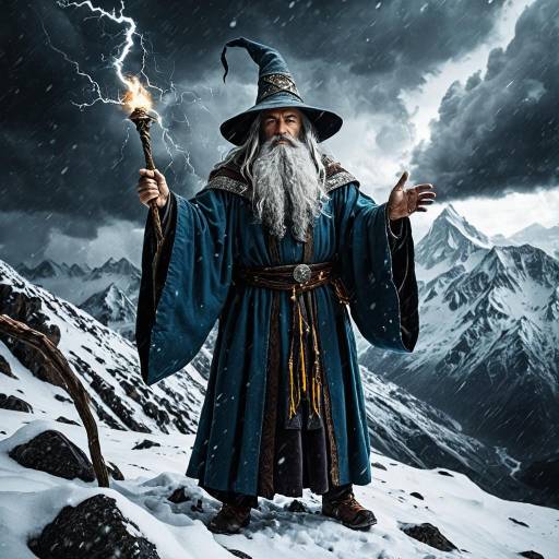 Ancient Wizard Casting Storm Spell on Snowy Mountain Peak