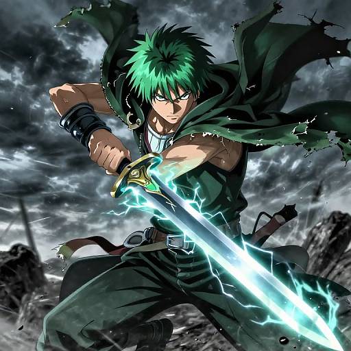 Anime-style digital artwork of a green-haired, muscular male warrior with glowing blue electricity sword, dark green tattered cloak, intense expression, stormy sky