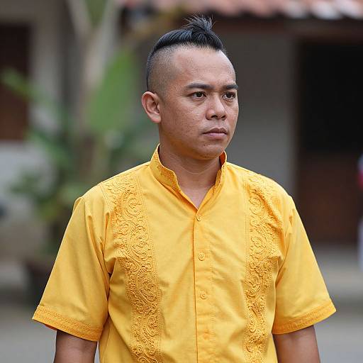 Photograph of an Asian man with short, spiked black hair, wearing a bright yellow, embroidered, short-sleeved shirt, standing outdoors with a