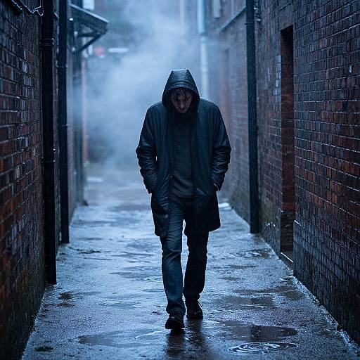 Lonely Man Walking in Rainy Alley