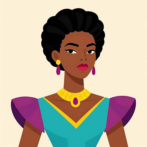 Digital illustration of a dark-skinned woman with an afro, wearing a blue dress with purple puffed sleeves, yellow choker, and pink earrings