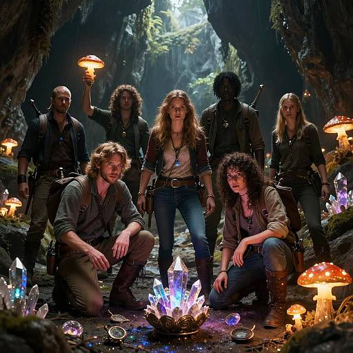 Photograph of a fantasy scene with six adventurers, holding glowing mushrooms, standing around a crystal fire in a dim, cave-like forest.
