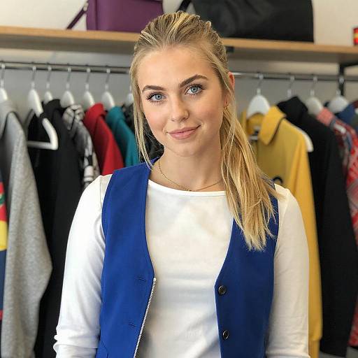 Smiling Blonde Woman by Colorful Clothes