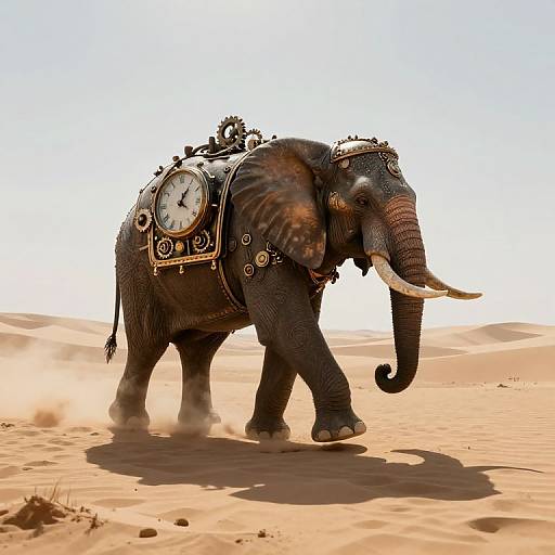 Photograph of a decorated elephant with a clock on its back, adorned in elaborate harness, walking through a sandy desert.