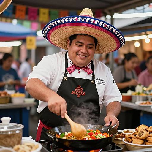 Joyful Mexican Chef in Street Market