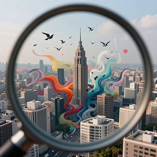 Photograph of a cityscape with the Empire State Building, viewed through a magnifying glass, featuring colorful, abstract, swirling patterns and black silhou