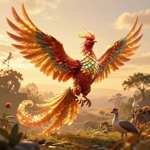 Digital artwork of a vibrant, fiery phoenix with expansive, colorful wings rising above a sunset savanna, surrounded by grazing birds and wildflowers.