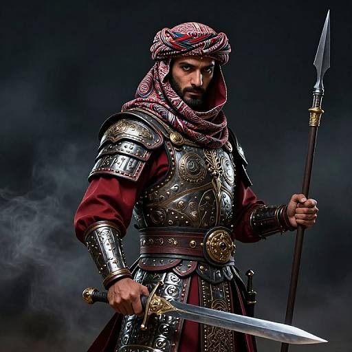 Photorealistic digital artwork of a bearded warrior in ornate medieval armor, red headscarf, holding a spear and sword, dark smoky