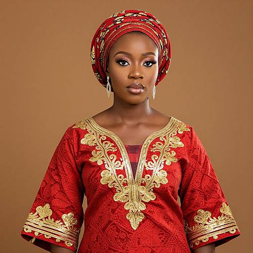 Photograph of a Black woman with dark skin wearing a red, gold-embroidered traditional dress and matching headwrap, against a brown background.