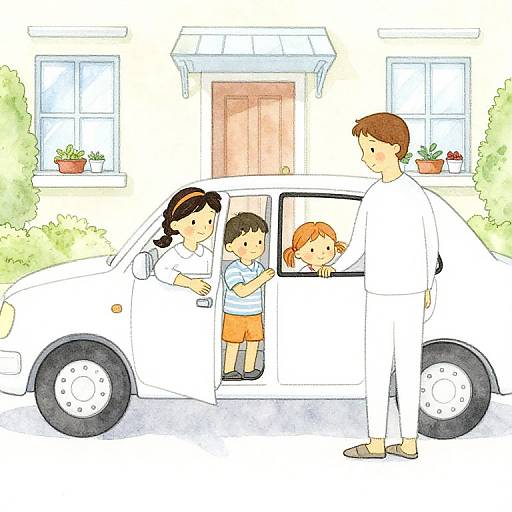 Illustration of a family with two children, a mother, and a father standing beside a white car in front of a house.