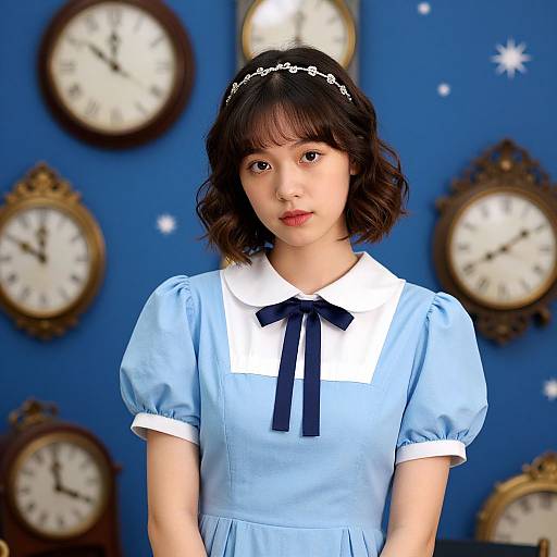 Photograph of an Asian girl with short black hair, wearing a light blue Alice in Wonderland dress with white collar and black ribbon, against a blue wall