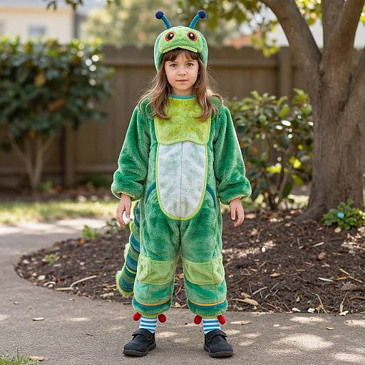 Photograph of a young girl in a green dinosaur costume with blue ears, white belly, and striped socks, standing on a sunny suburban sidewalk.