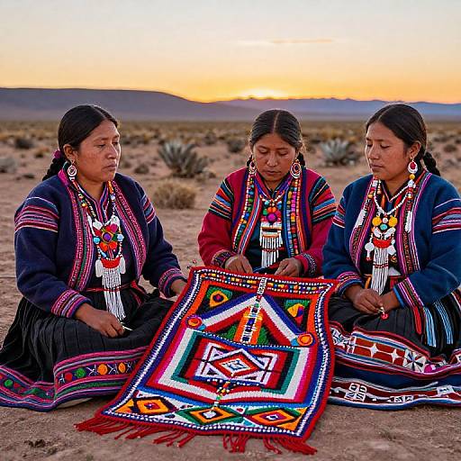 Photograph of three Indigenous women in colorful traditional attire, seated on desert ground at sunset, holding and displaying vibrant, geometric-patterned textiles.