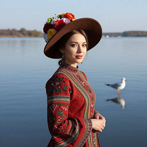 Photograph of a fair-skinned woman with dark hair, wearing a red, embroidered dress and wide-brimmed hat with colorful flowers, standing by