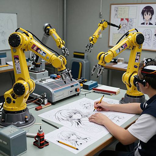Photograph of a young artist in a workshop, using yellow robotic arms to draw a black-and-white line art on paper.