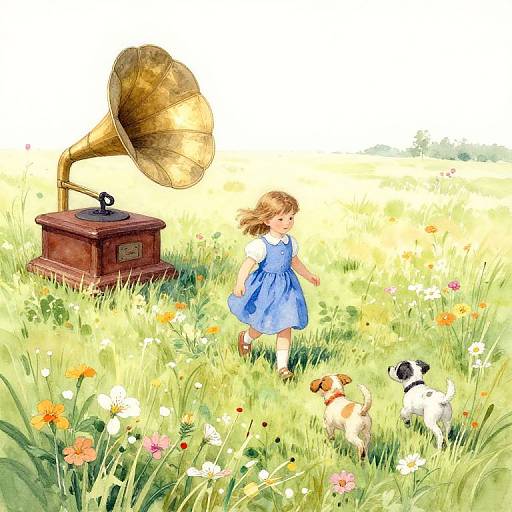 Watercolor illustration of a blonde girl in a blue dress, walking through a sunlit meadow with flowers, accompanied by a small black-and-white dog