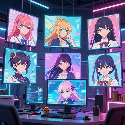 Digital anime artwork of seven female characters on multiple neon-lit monitors in a futuristic, tech-filled room, with a central desk.