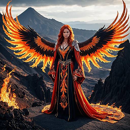 Regal Phoenix Sorceress with Flaming Wings in Volcanic Landscape