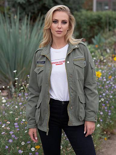 Photograph of a blonde woman with wavy hair, wearing a green military-style jacket over a white shirt and black pants, standing in a colorful flower