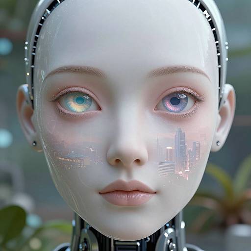 Photorealistic CGI of a humanoid robot with pale skin, silver head, heterochromatic eyes (blue and green), and reflective cityscape on cheek