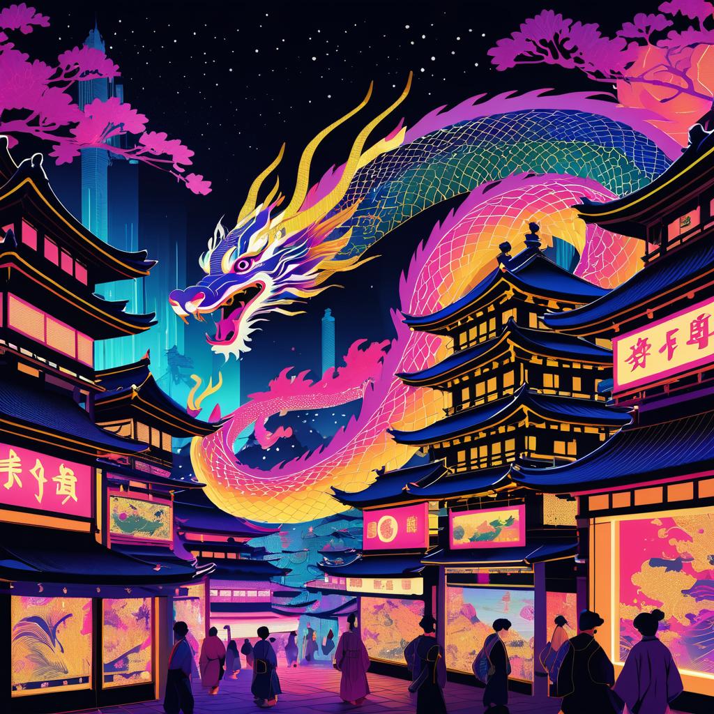 Ukiyo-e Dragon in Neon Market Square