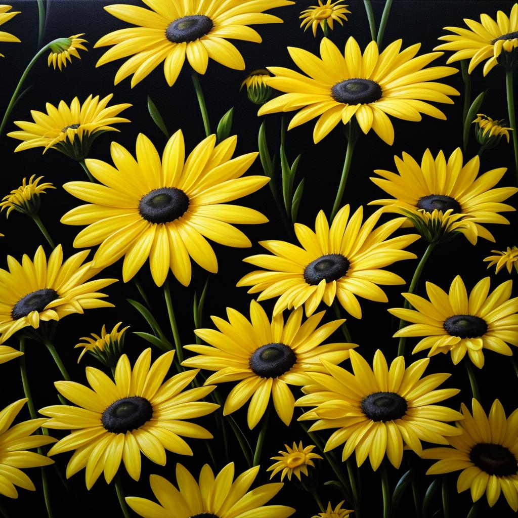 Realistic Yellow Daisies on Black Canvas