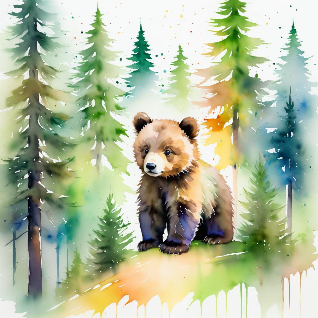 Whimsical Watercolor Baby Bear Cub