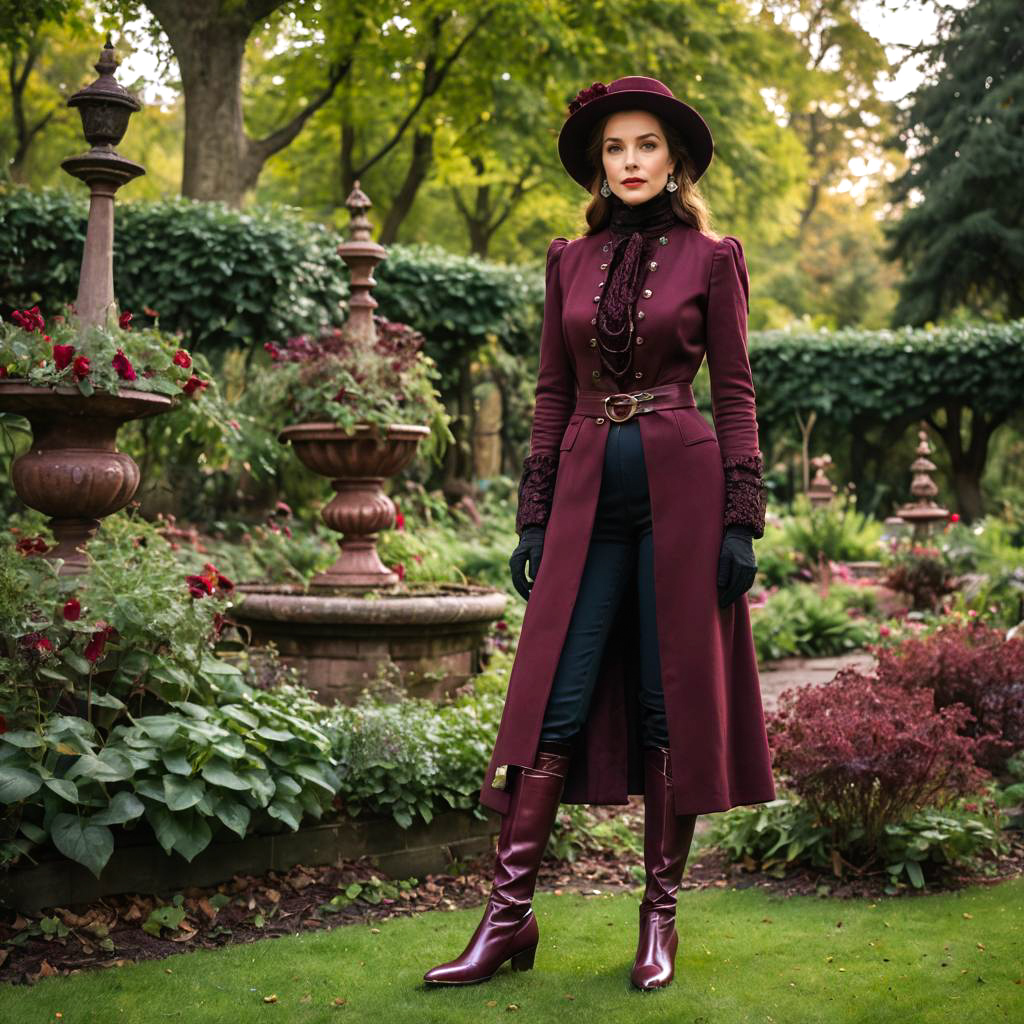 Elegant Woman in Burgundy Boots Garden Pose