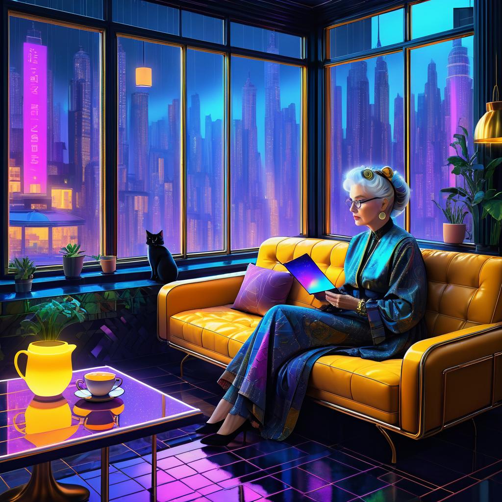 Cozy Cyberpunk: Elderly Woman and Cat