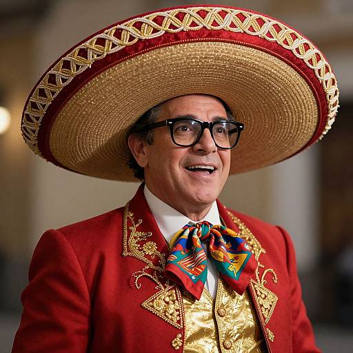 Photograph of a smiling middle-aged man in a large, red, woven sombrero, red embroidered jacket, white shirt, and colorful bowtie,