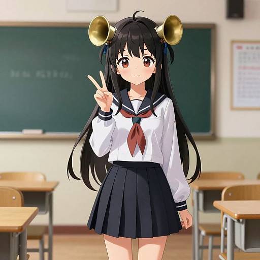 Anime-style drawing of a black-haired girl with large golden bells in her hair, wearing a white sailor uniform and black skirt, making a peace sign in