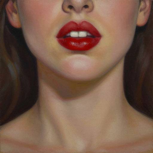 Close-up digital painting of a woman's face showing only her lips, nose, and chin. She has vibrant red lips, white teeth, and a