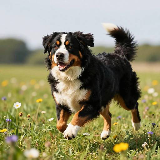 Photograph of a happy, black-and-brown Bernese Mountain Dog with white chest and paws, running through a sunny, colorful meadow filled