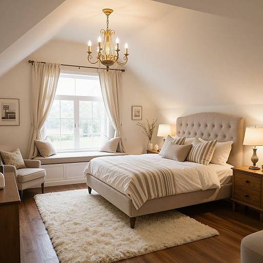 Cozy, well-lit attic bedroom with beige tufted bed, white and beige striped bedding, wooden nightstands, chandelier, soft rug