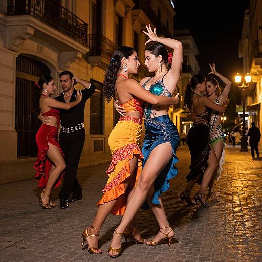 Photograph of a nighttime street dance performance with six dancers in vibrant, detailed, strapless dresses, illuminated by streetlights, on cobblestone pavement