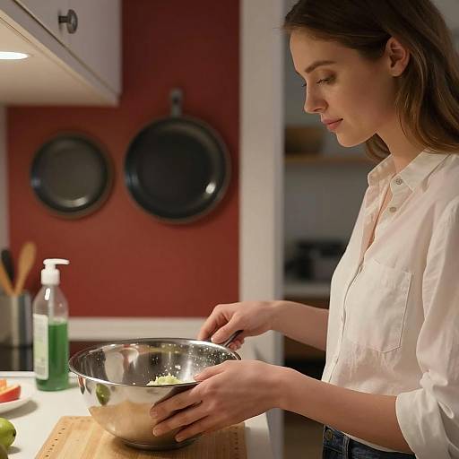 Woman in Colorful Kitchen Mixing Ingredients