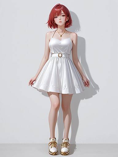 Digital artwork of a red-haired woman in a white, sleeveless, halter-neck dress with a belt, and gold strappy shoes, standing against