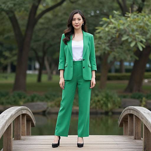 Photograph of an Asian woman with long black hair, wearing a green blazer and high-waisted pants, standing confidently on a wooden bridge in