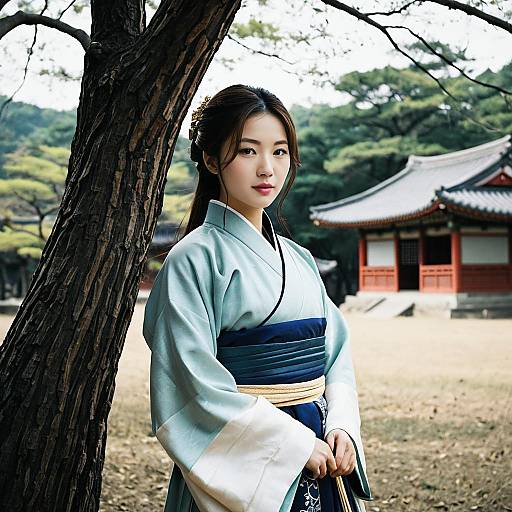 Young Woman in Korean Hanbok near Traditional Building