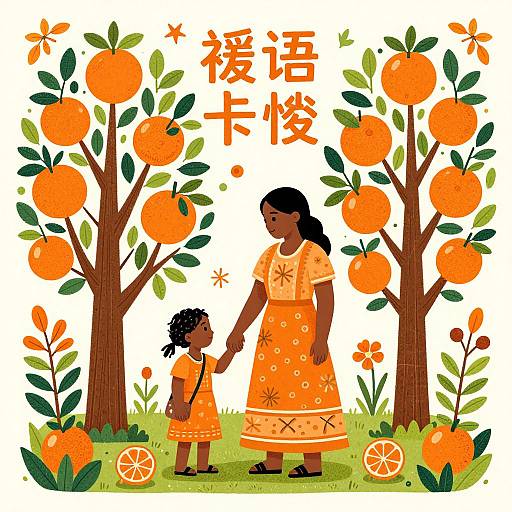 Illustration of a dark-skinned mother and daughter holding hands under orange trees with bright orange fruit, wearing matching orange dresses, surrounded by Japanese text and